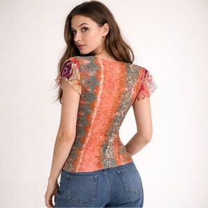 Alberto Makali Y2K Metallic Crinkle Mesh Top Floral Patchwork Size Large